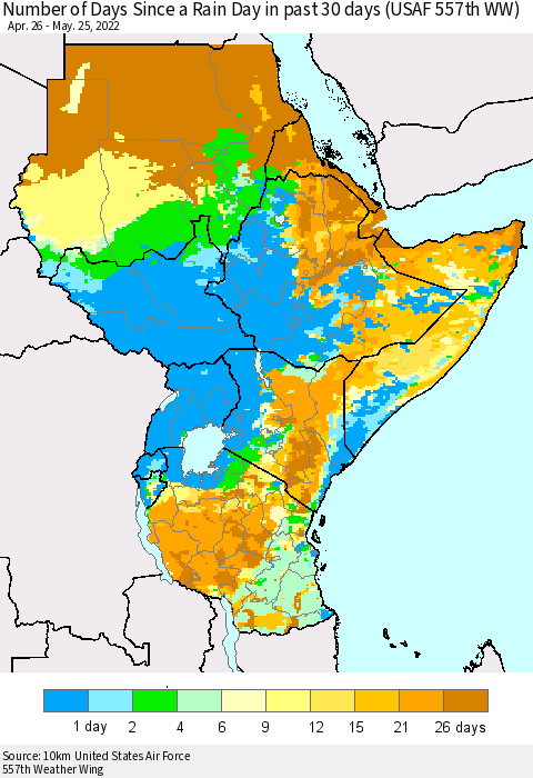 Eastern Africa Number of Days Since a Rain Day in past 30 days (USAF 557th WW) Thematic Map For 5/21/2022 - 5/25/2022