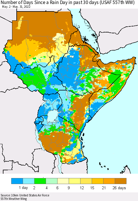 Eastern Africa Number of Days Since a Rain Day in past 30 days (USAF 557th WW) Thematic Map For 5/26/2022 - 5/31/2022