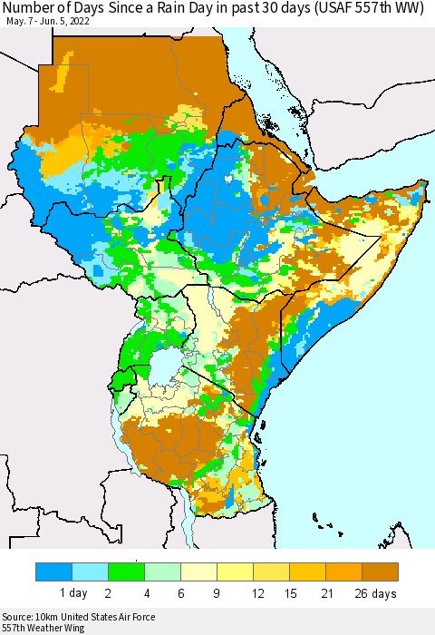 Eastern Africa Number of Days Since a Rain Day in past 30 days (USAF 557th WW) Thematic Map For 6/1/2022 - 6/5/2022