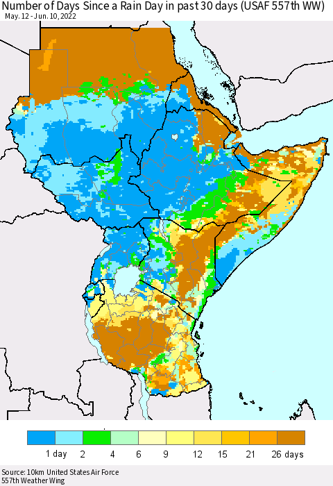 Eastern Africa Number of Days Since a Rain Day in past 30 days (USAF 557th WW) Thematic Map For 6/6/2022 - 6/10/2022