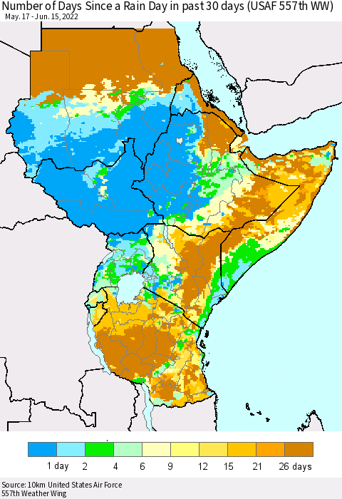 Eastern Africa Number of Days Since a Rain Day in past 30 days (USAF 557th WW) Thematic Map For 6/11/2022 - 6/15/2022