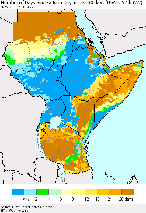 Eastern Africa Number of Days Since a Rain Day in past 30 days (USAF 557th WW) Thematic Map For 6/16/2022 - 6/20/2022