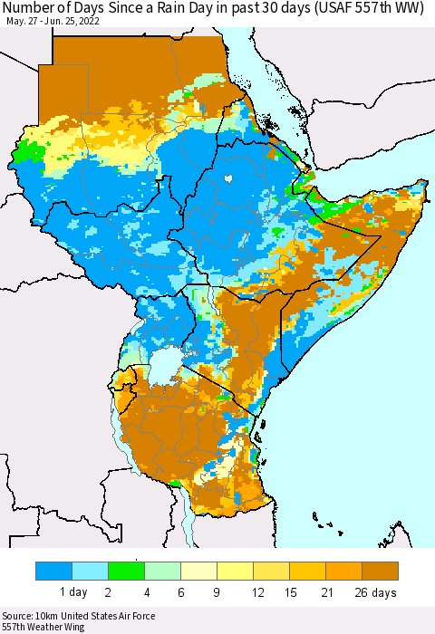 Eastern Africa Number of Days Since a Rain Day in past 30 days (USAF 557th WW) Thematic Map For 6/21/2022 - 6/25/2022