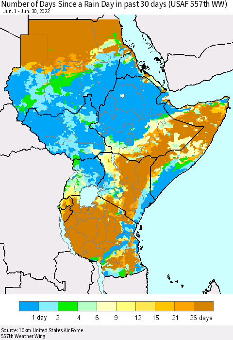 Eastern Africa Number of Days Since a Rain Day in past 30 days (USAF 557th WW) Thematic Map For 6/26/2022 - 6/30/2022
