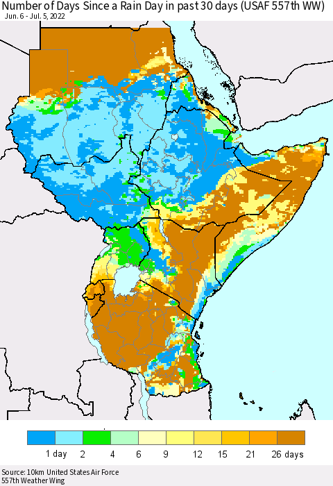 Eastern Africa Number of Days Since a Rain Day in past 30 days (USAF 557th WW) Thematic Map For 7/1/2022 - 7/5/2022