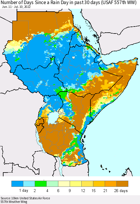 Eastern Africa Number of Days Since a Rain Day in past 30 days (USAF 557th WW) Thematic Map For 7/6/2022 - 7/10/2022