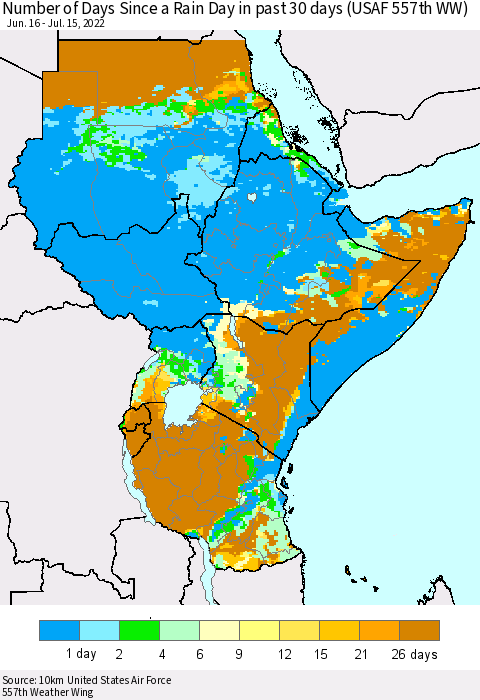 Eastern Africa Number of Days Since a Rain Day in past 30 days (USAF 557th WW) Thematic Map For 7/11/2022 - 7/15/2022