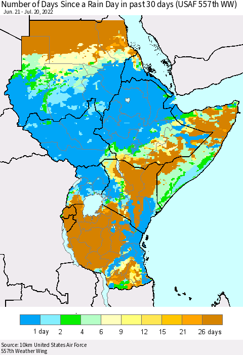 Eastern Africa Number of Days Since a Rain Day in past 30 days (USAF 557th WW) Thematic Map For 7/16/2022 - 7/20/2022