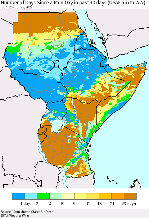 Eastern Africa Number of Days Since a Rain Day in past 30 days (USAF 557th WW) Thematic Map For 7/21/2022 - 7/25/2022