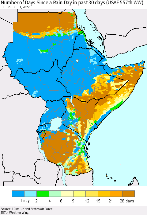 Eastern Africa Number of Days Since a Rain Day in past 30 days (USAF 557th WW) Thematic Map For 7/26/2022 - 7/31/2022