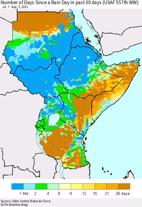 Eastern Africa Number of Days Since a Rain Day in past 30 days (USAF 557th WW) Thematic Map For 8/1/2022 - 8/5/2022