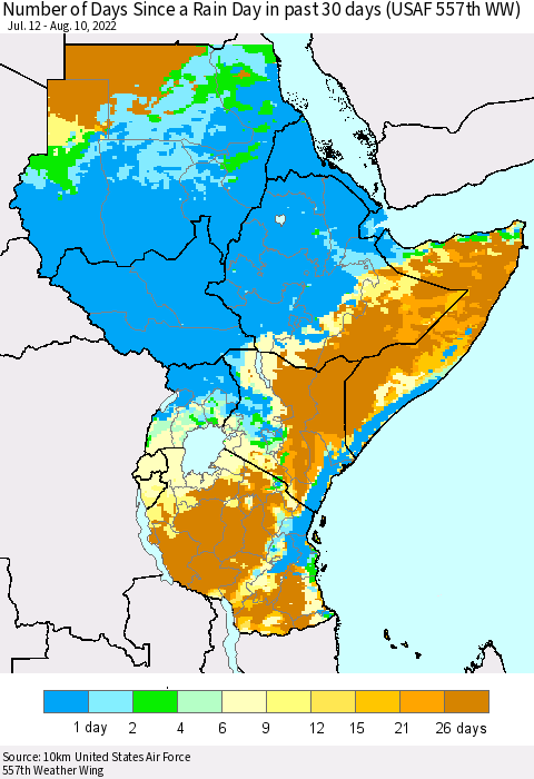 Eastern Africa Number of Days Since a Rain Day in past 30 days (USAF 557th WW) Thematic Map For 8/6/2022 - 8/10/2022
