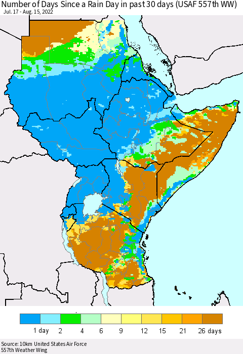 Eastern Africa Number of Days Since a Rain Day in past 30 days (USAF 557th WW) Thematic Map For 8/11/2022 - 8/15/2022