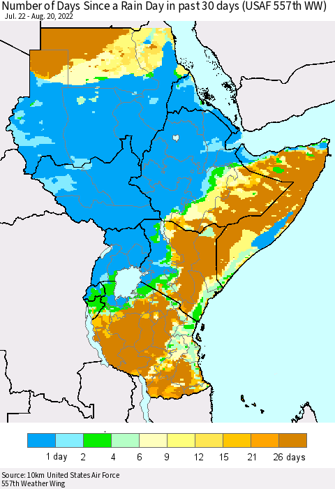 Eastern Africa Number of Days Since a Rain Day in past 30 days (USAF 557th WW) Thematic Map For 8/16/2022 - 8/20/2022