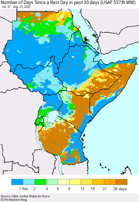 Eastern Africa Number of Days Since a Rain Day in past 30 days (USAF 557th WW) Thematic Map For 8/21/2022 - 8/25/2022