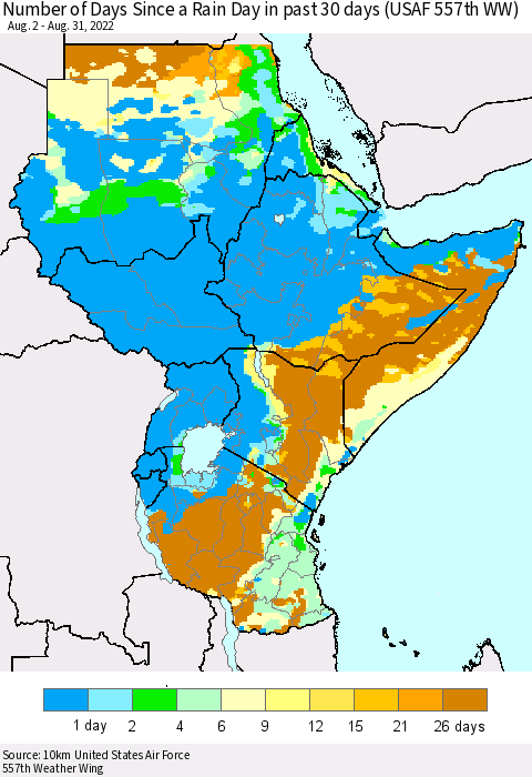 Eastern Africa Number of Days Since a Rain Day in past 30 days (USAF 557th WW) Thematic Map For 8/26/2022 - 8/31/2022
