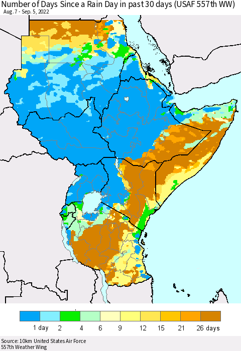 Eastern Africa Number of Days Since a Rain Day in past 30 days (USAF 557th WW) Thematic Map For 9/1/2022 - 9/5/2022