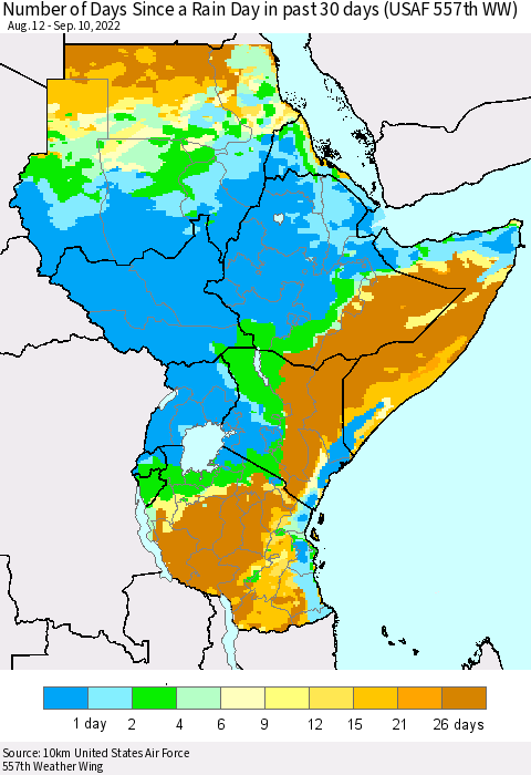 Eastern Africa Number of Days Since a Rain Day in past 30 days (USAF 557th WW) Thematic Map For 9/6/2022 - 9/10/2022