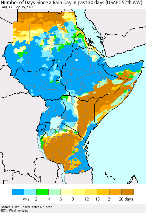 Eastern Africa Number of Days Since a Rain Day in past 30 days (USAF 557th WW) Thematic Map For 9/11/2022 - 9/15/2022
