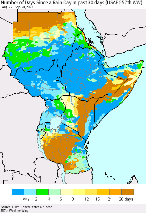 Eastern Africa Number of Days Since a Rain Day in past 30 days (USAF 557th WW) Thematic Map For 9/16/2022 - 9/20/2022