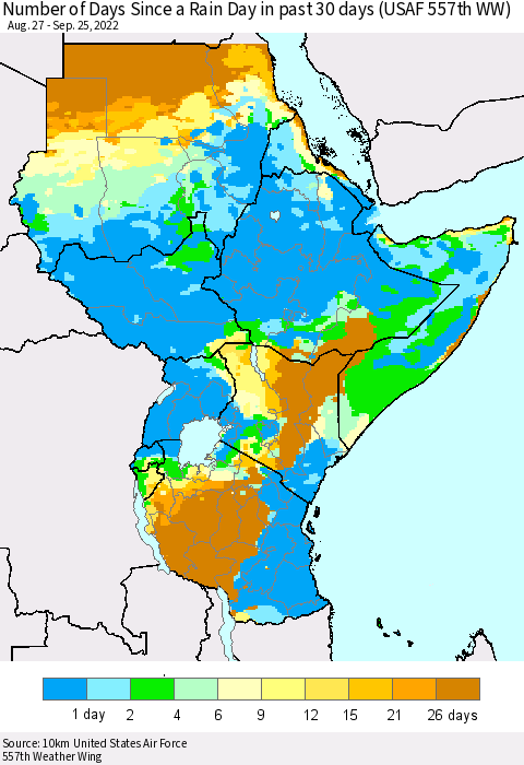Eastern Africa Number of Days Since a Rain Day in past 30 days (USAF 557th WW) Thematic Map For 9/21/2022 - 9/25/2022
