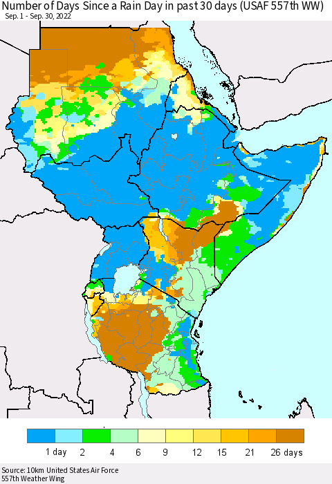 Eastern Africa Number of Days Since a Rain Day in past 30 days (USAF 557th WW) Thematic Map For 9/26/2022 - 9/30/2022