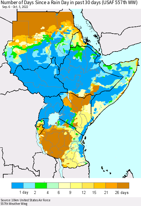 Eastern Africa Number of Days Since a Rain Day in past 30 days (USAF 557th WW) Thematic Map For 10/1/2022 - 10/5/2022