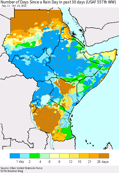 Eastern Africa Number of Days Since a Rain Day in past 30 days (USAF 557th WW) Thematic Map For 10/6/2022 - 10/10/2022