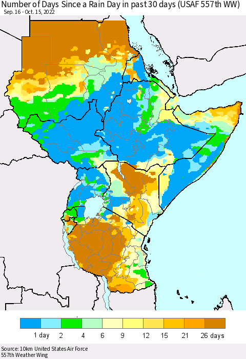 Eastern Africa Number of Days Since a Rain Day in past 30 days (USAF 557th WW) Thematic Map For 10/11/2022 - 10/15/2022