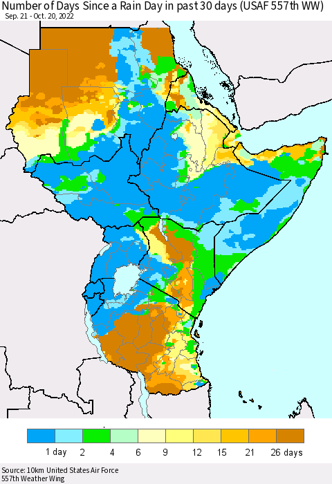 Eastern Africa Number of Days Since a Rain Day in past 30 days (USAF 557th WW) Thematic Map For 10/16/2022 - 10/20/2022