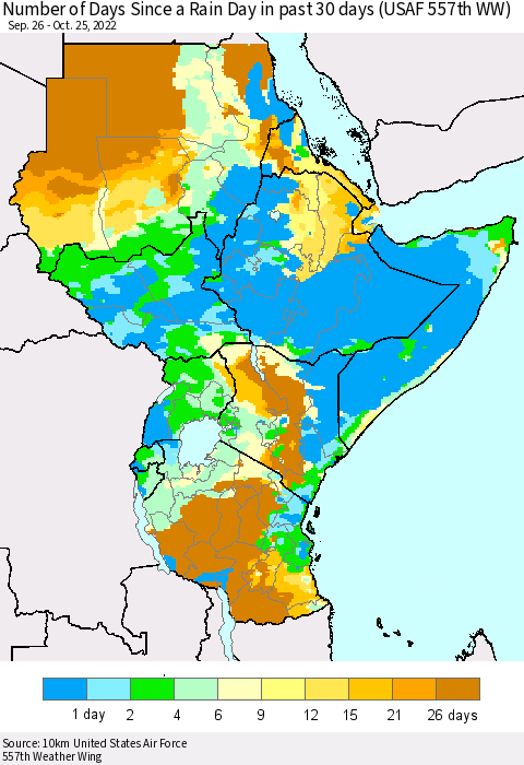 Eastern Africa Number of Days Since a Rain Day in past 30 days (USAF 557th WW) Thematic Map For 10/21/2022 - 10/25/2022