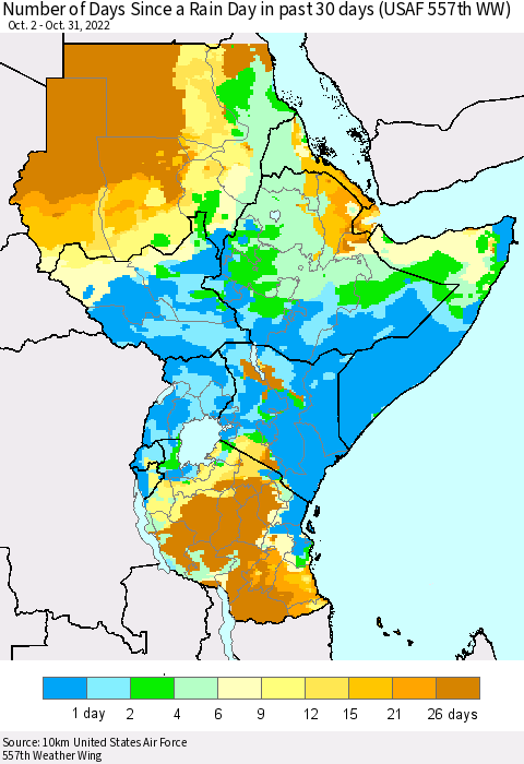 Eastern Africa Number of Days Since a Rain Day in past 30 days (USAF 557th WW) Thematic Map For 10/26/2022 - 10/31/2022