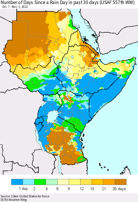 Eastern Africa Number of Days Since a Rain Day in past 30 days (USAF 557th WW) Thematic Map For 11/1/2022 - 11/5/2022