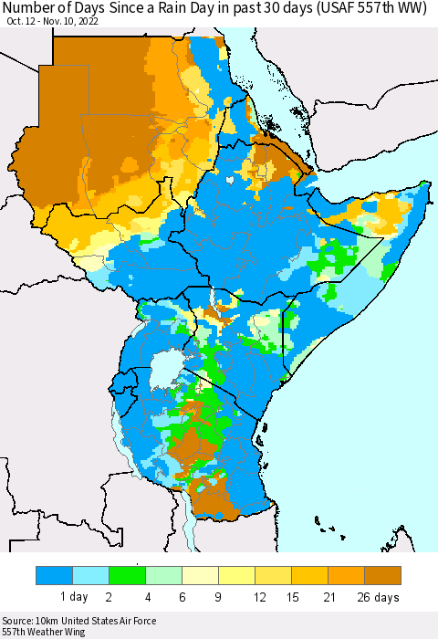 Eastern Africa Number of Days Since a Rain Day in past 30 days (USAF 557th WW) Thematic Map For 11/6/2022 - 11/10/2022
