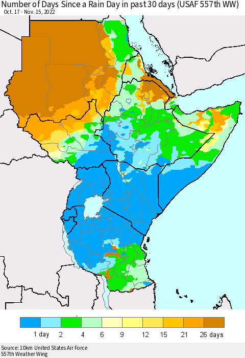 Eastern Africa Number of Days Since a Rain Day in past 30 days (USAF 557th WW) Thematic Map For 11/11/2022 - 11/15/2022