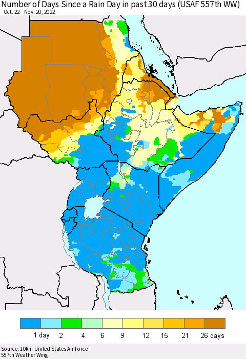 Eastern Africa Number of Days Since a Rain Day in past 30 days (USAF 557th WW) Thematic Map For 11/16/2022 - 11/20/2022