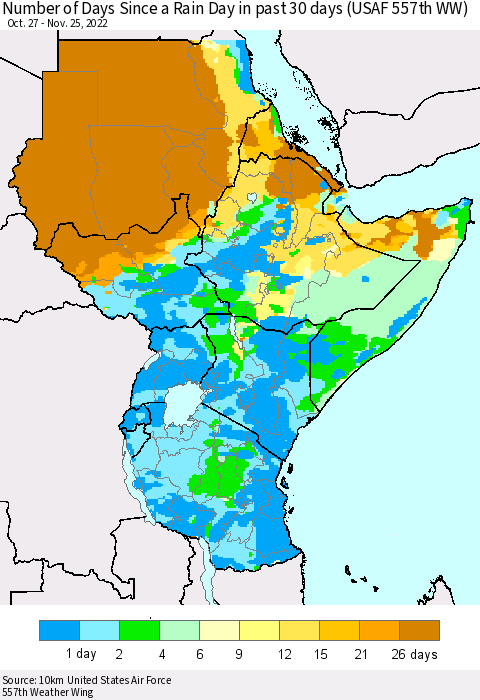 Eastern Africa Number of Days Since a Rain Day in past 30 days (USAF 557th WW) Thematic Map For 11/21/2022 - 11/25/2022