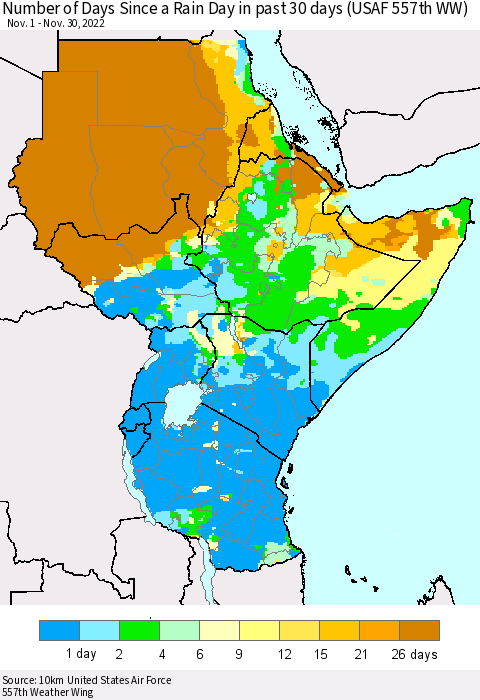 Eastern Africa Number of Days Since a Rain Day in past 30 days (USAF 557th WW) Thematic Map For 11/26/2022 - 11/30/2022