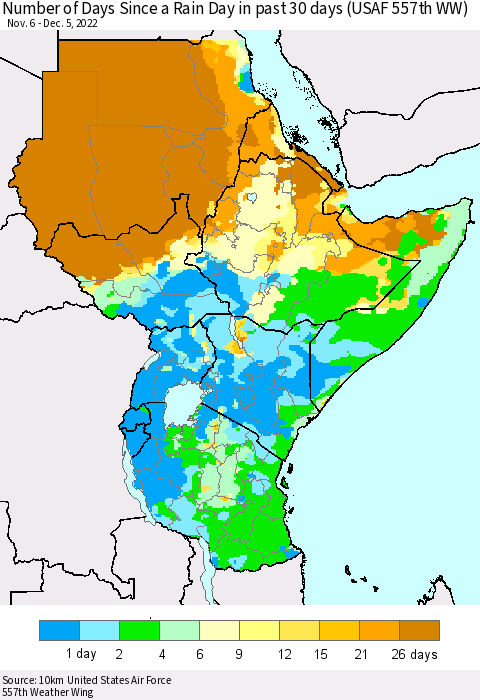 Eastern Africa Number of Days Since a Rain Day in past 30 days (USAF 557th WW) Thematic Map For 12/1/2022 - 12/5/2022