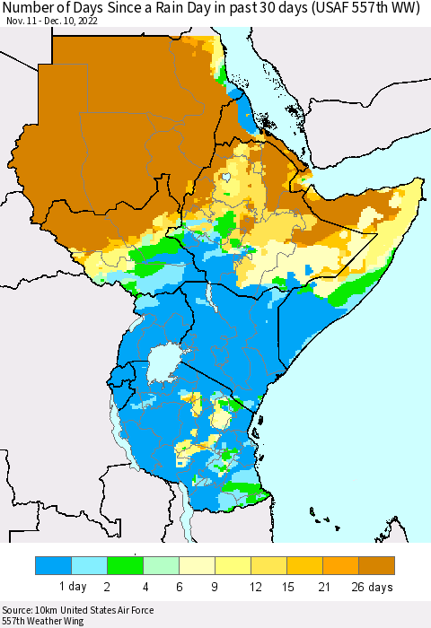 Eastern Africa Number of Days Since a Rain Day in past 30 days (USAF 557th WW) Thematic Map For 12/6/2022 - 12/10/2022