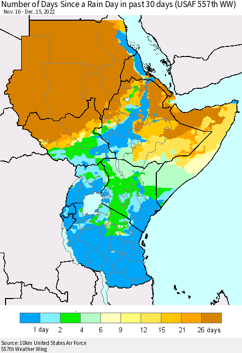 Eastern Africa Number of Days Since a Rain Day in past 30 days (USAF 557th WW) Thematic Map For 12/11/2022 - 12/15/2022