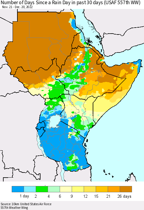 Eastern Africa Number of Days Since a Rain Day in past 30 days (USAF 557th WW) Thematic Map For 12/16/2022 - 12/20/2022
