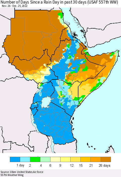 Eastern Africa Number of Days Since a Rain Day in past 30 days (USAF 557th WW) Thematic Map For 12/21/2022 - 12/25/2022