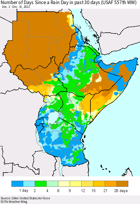Eastern Africa Number of Days Since a Rain Day in past 30 days (USAF 557th WW) Thematic Map For 12/26/2022 - 12/31/2022