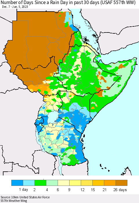 Eastern Africa Number of Days Since a Rain Day in past 30 days (USAF 557th WW) Thematic Map For 1/1/2023 - 1/5/2023