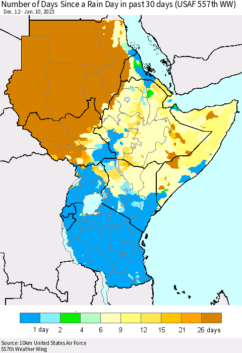 Eastern Africa Number of Days Since a Rain Day in past 30 days (USAF 557th WW) Thematic Map For 1/6/2023 - 1/10/2023