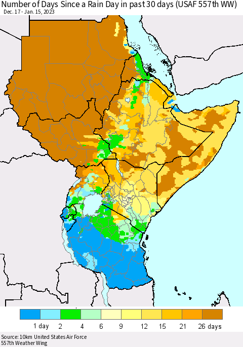 Eastern Africa Number of Days Since a Rain Day in past 30 days (USAF 557th WW) Thematic Map For 1/11/2023 - 1/15/2023
