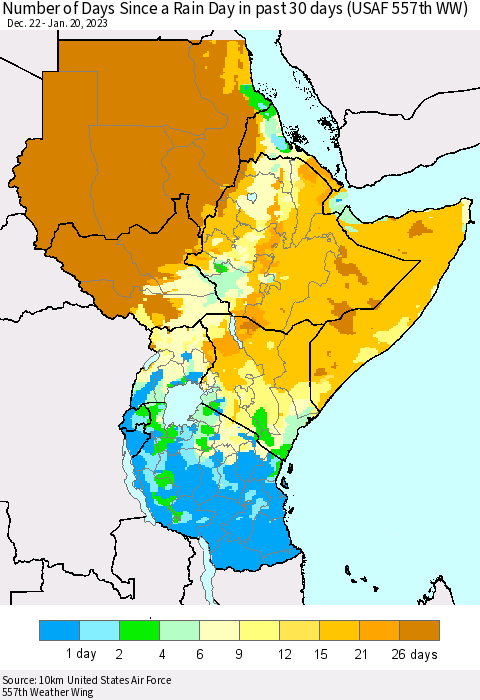 Eastern Africa Number of Days Since a Rain Day in past 30 days (USAF 557th WW) Thematic Map For 1/16/2023 - 1/20/2023