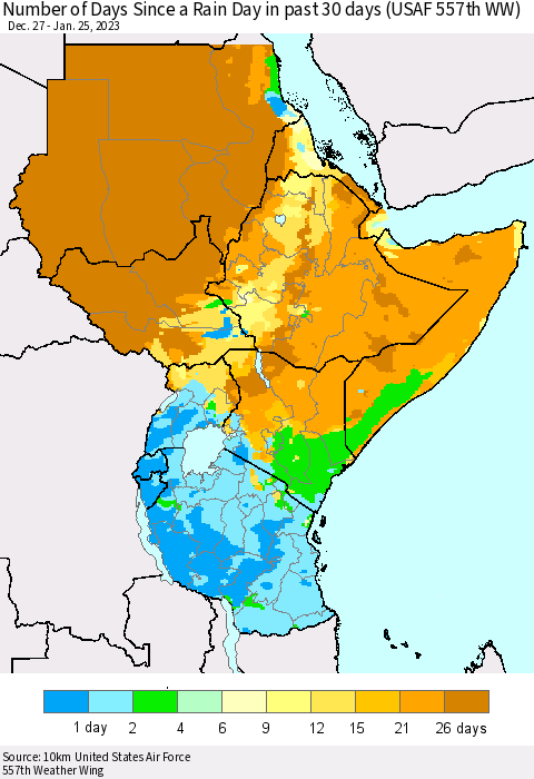 Eastern Africa Number of Days Since a Rain Day in past 30 days (USAF 557th WW) Thematic Map For 1/21/2023 - 1/25/2023