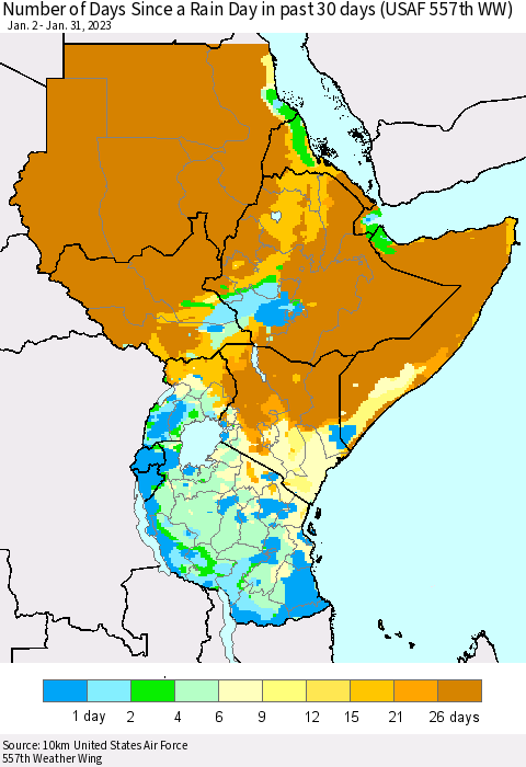 Eastern Africa Number of Days Since a Rain Day in past 30 days (USAF 557th WW) Thematic Map For 1/26/2023 - 1/31/2023